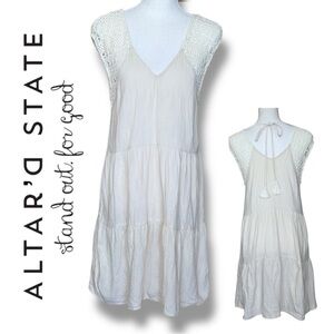 Altar'd State Boho Cream Cotton Tiered Mini Dress Tassel Tie Back Sz M